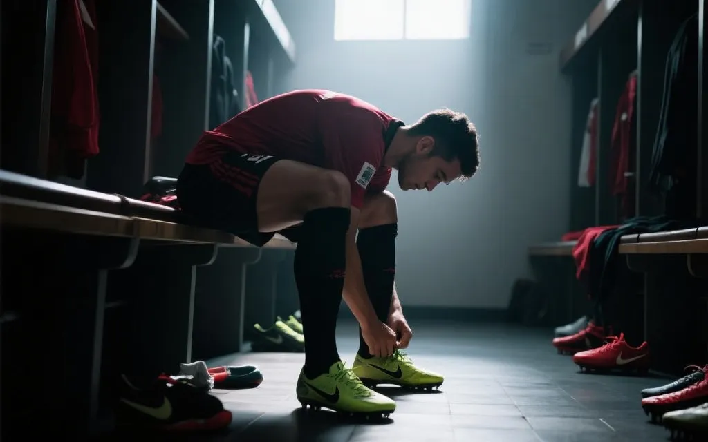 更衣室里球员系鞋带准备上场，象征逆风翻盘与再次出发