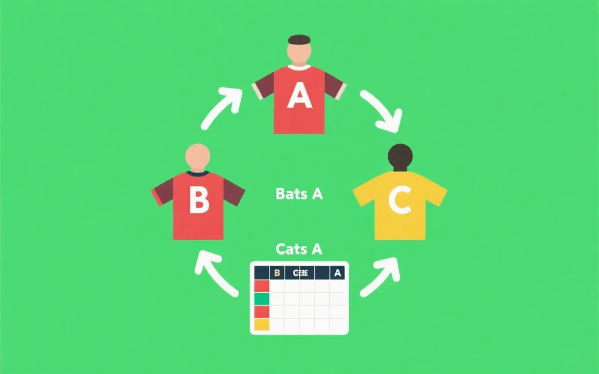 三队小循环迷你联赛示意图：A胜B，B胜C，C胜A